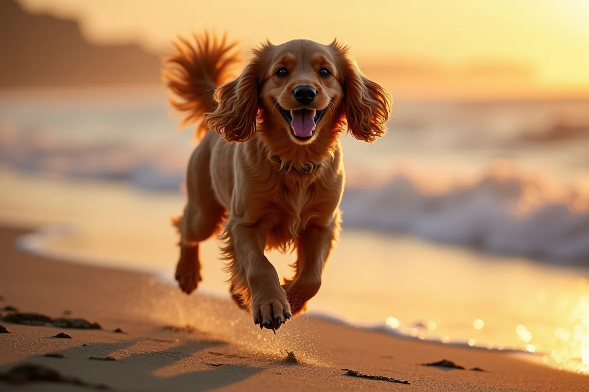 Chien cocker spaniel doré courant sur la plage au lever du soleil