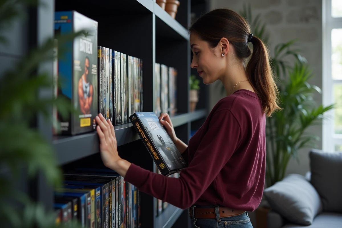 Jeune femme parcourant une collection de films Batman et romans graphiques soigneusement rangés sur une étagère moderne