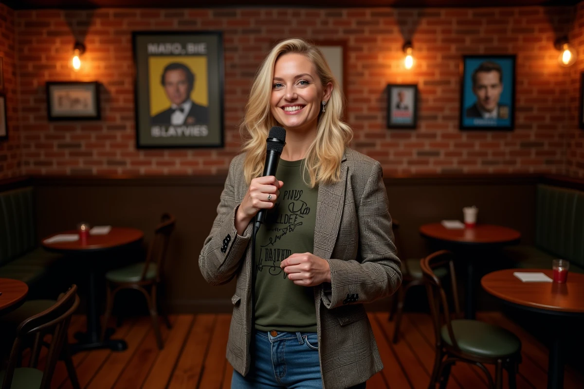 Comedienne blonde en blazer checkered sur scene de comedy