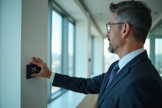 Homme d affaires ajustant un thermostat de climatisation moderne