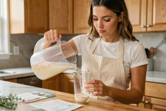 Femme en tablier versant du liquide d'un grand pichet de 5 litres dans un verre doseur gradué dans une cuisine moderne en bois clair