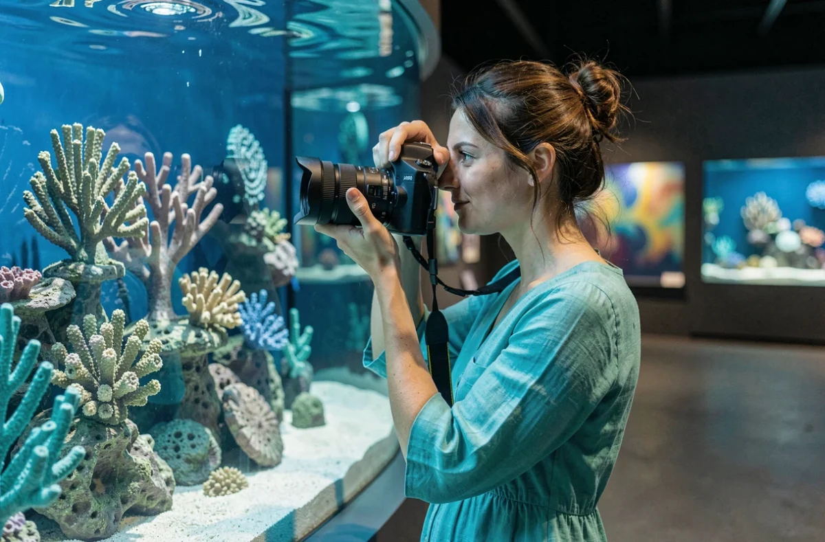 Coralimage photographe devant une installation aquatique colorée dans un espace muséal parisien
