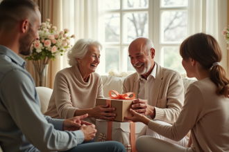 Couple d'anciens mariés ouvrant des cadeaux dans un salon lumineux