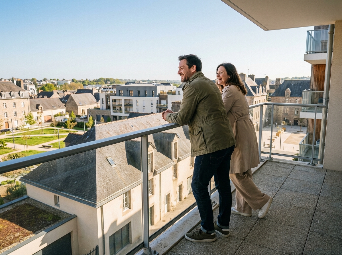 Jeune couple souriant sur un balcon moderne à Saint Brieuc