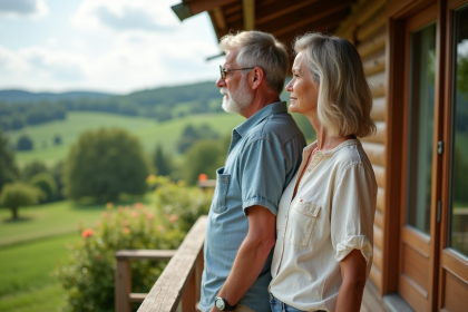 Couple à la campagne contemplant un jardin verdoyant