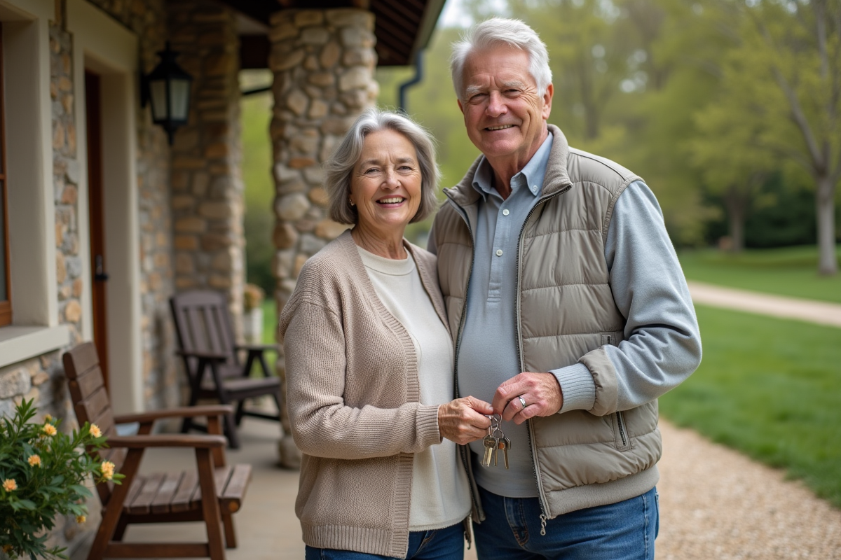 Couple retraité tenant des clés devant une maison de campagne