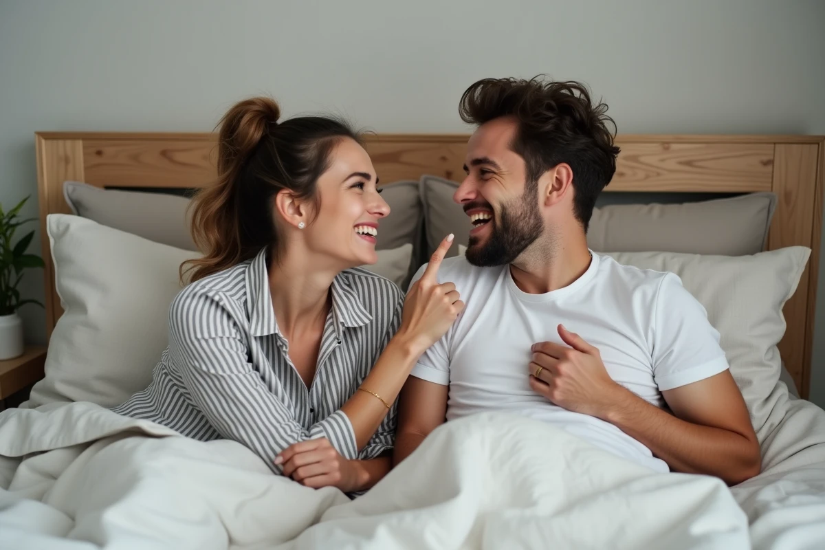 Couple détendu sur un lit riant ensemble dans une chambre lumineuse et épurée, moment de complicité amoureuse