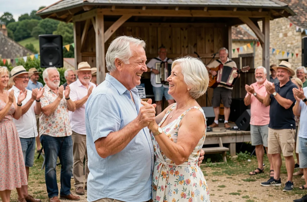 Couple de personnes âgées dansant sous un kiosque à musique lors d'une fête traditionnelle de village en Aveyron
