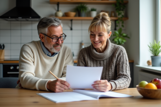 Couple français discutant documents d'impots à la maison