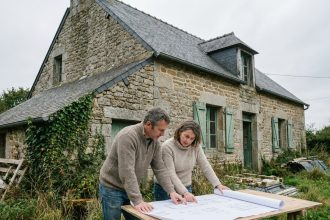 Couple examinant des plans de rénovation devant une maison en pierre bretonne dans le Morbihan