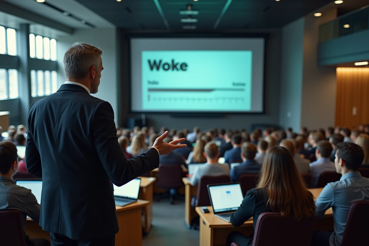 Professeur d'université donnant un cours sur la définition et l'évolution du terme woke devant des étudiants attentifs dans un amphithéâtre moderne