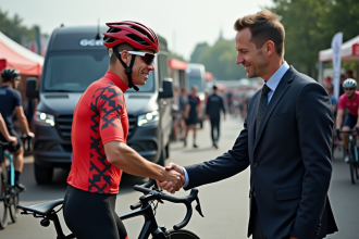 Coureur cycliste professionnel en devanture d'équipe lors d'une signature