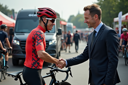 Coureur cycliste professionnel en devanture d'équipe lors d'une signature