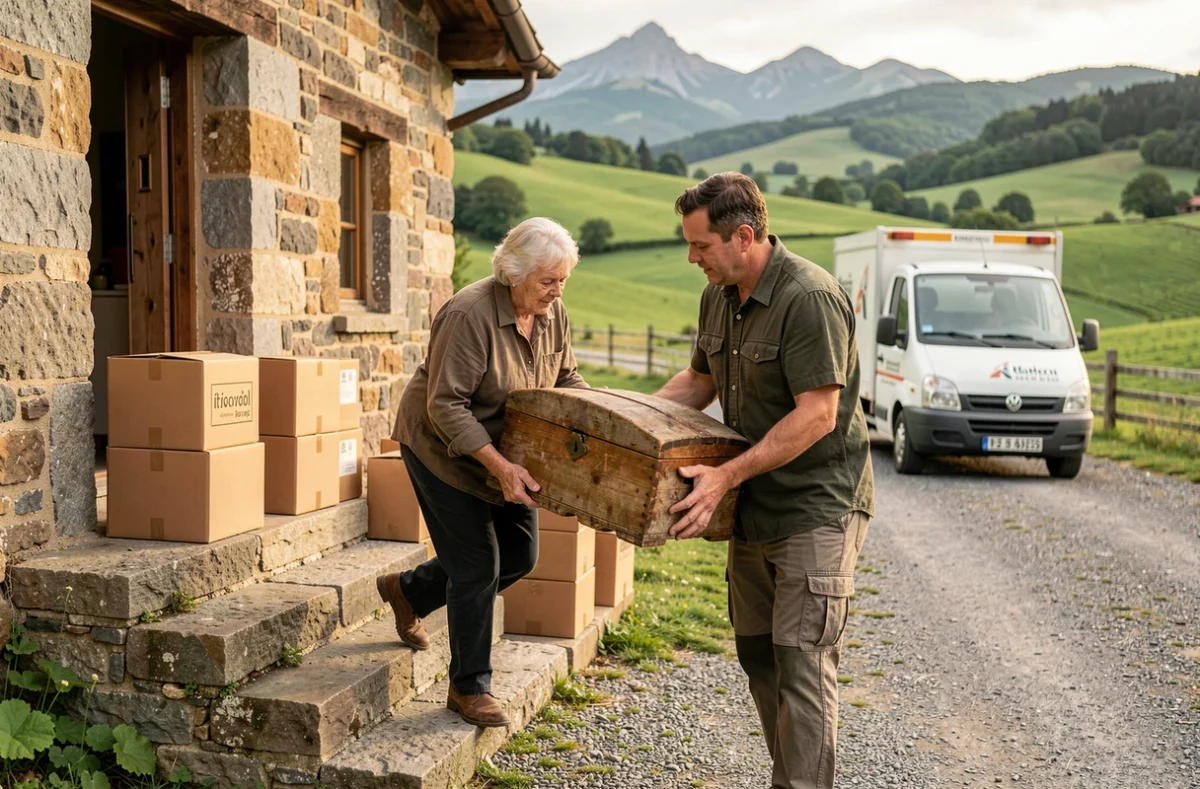 Déménageur d'Etcheverry aidant une cliente à déménager d'une ferme basque traditionnelle en campagne