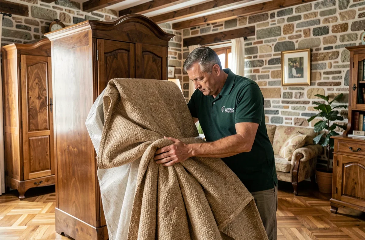 Déménageur de Garrouste emballant soigneusement une armoire ancienne dans un intérieur basque traditionnel