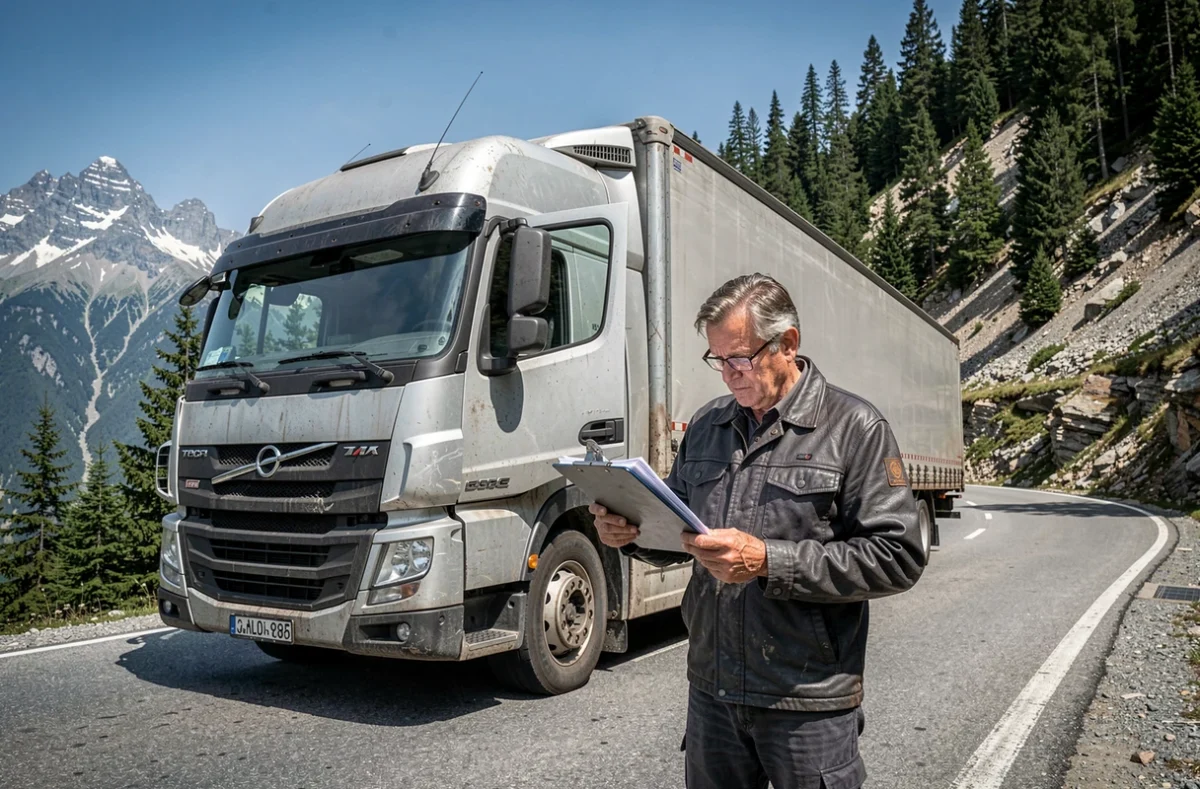 Chauffeur des Déménagements et Transports Pyrénéens devant son camion sur un col des Pyrénées