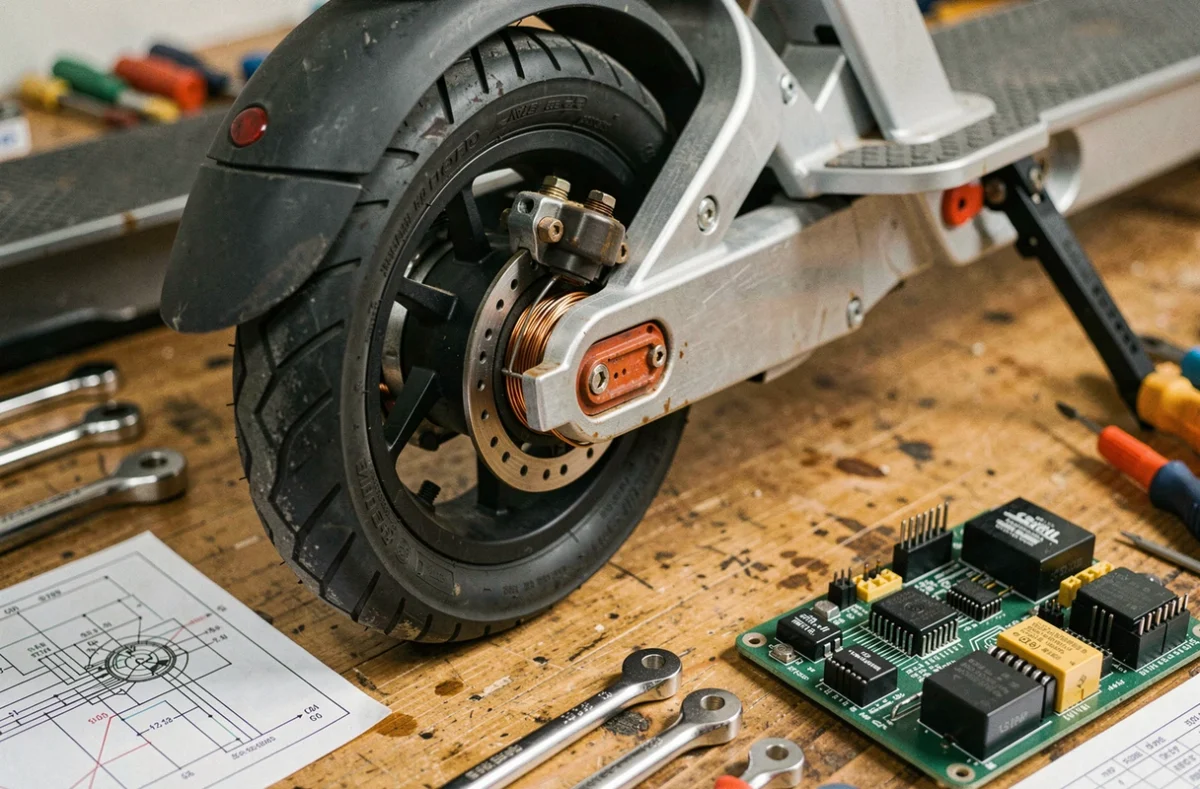 Gros plan sur le moyeu moteur et les composants électroniques d'une trottinette électrique démontée sur un établi d'atelier