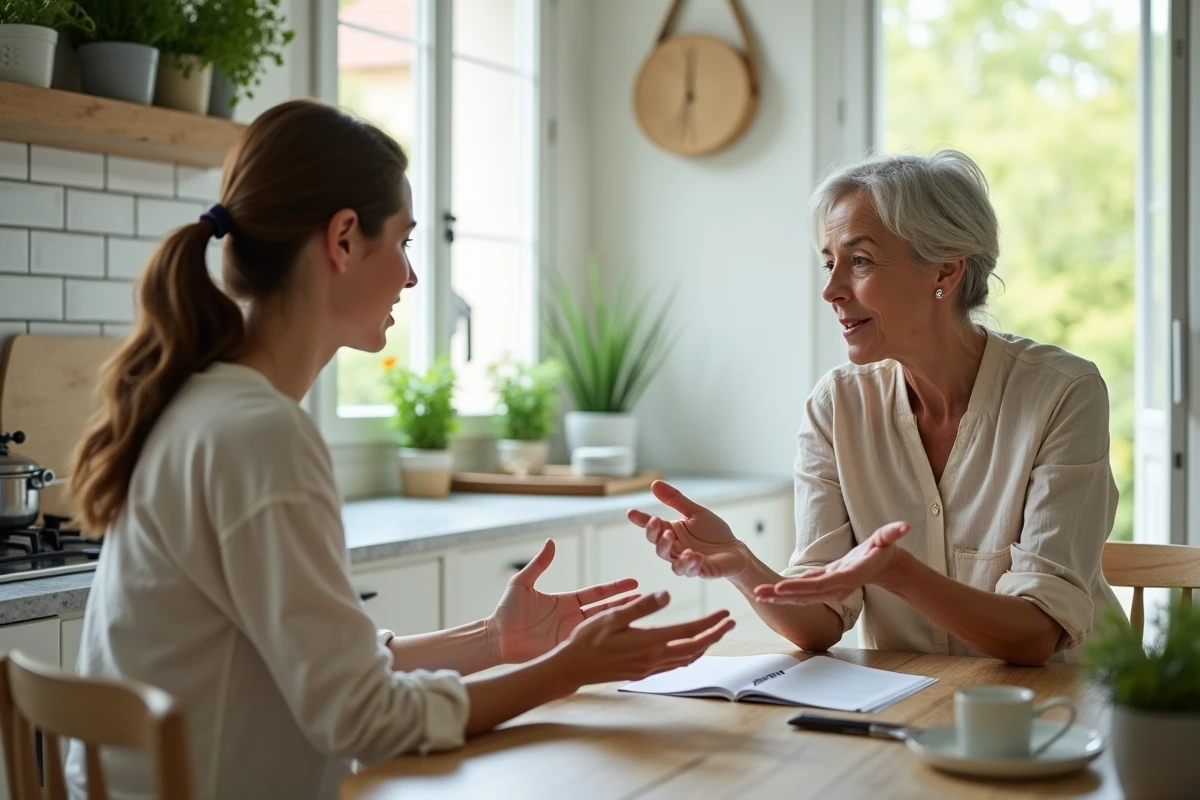 Deux femmes de générations différentes discutant autour d'une table de cuisine, illustrant une explication pédagogique sur l'emploi du conditionnel passé en français