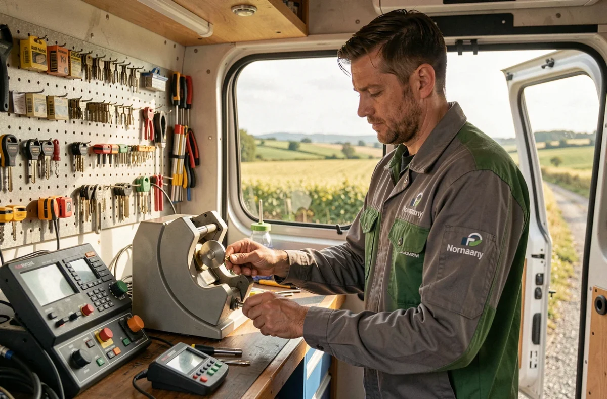 Serrurier Diruy Normandie en train de dupliquer une clé dans son atelier mobile