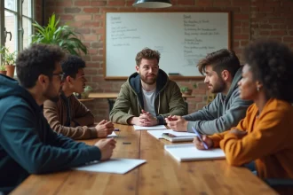 Groupe de jeunes adultes engagés dans une discussion collective dans un centre communautaire urbain, illustrant le débat autour de la définition du mouvement woke