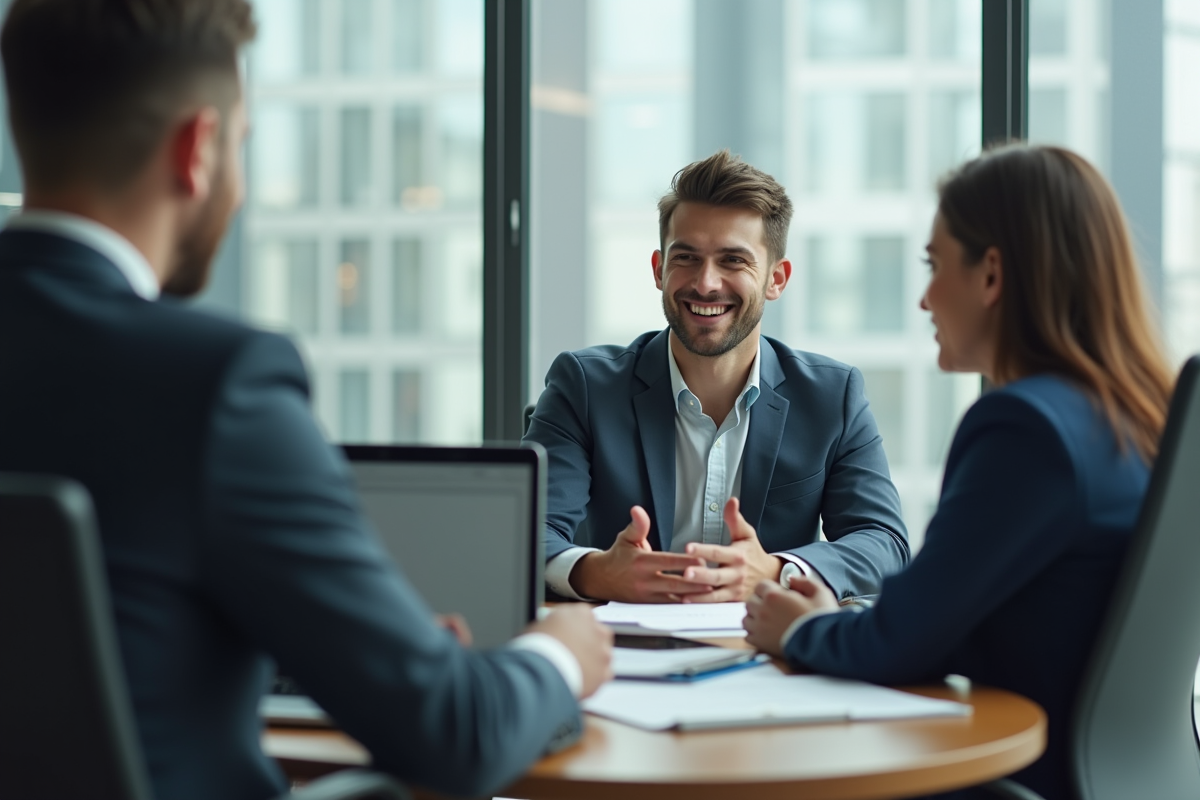 Jeune professionnel discutant avec un conseiller financier au bureau
