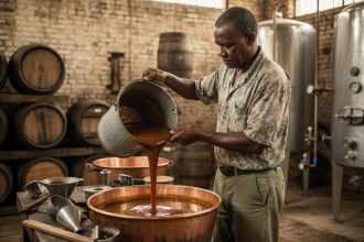 Homme caribéen versant de la mélasse dans un cuve en cuivre