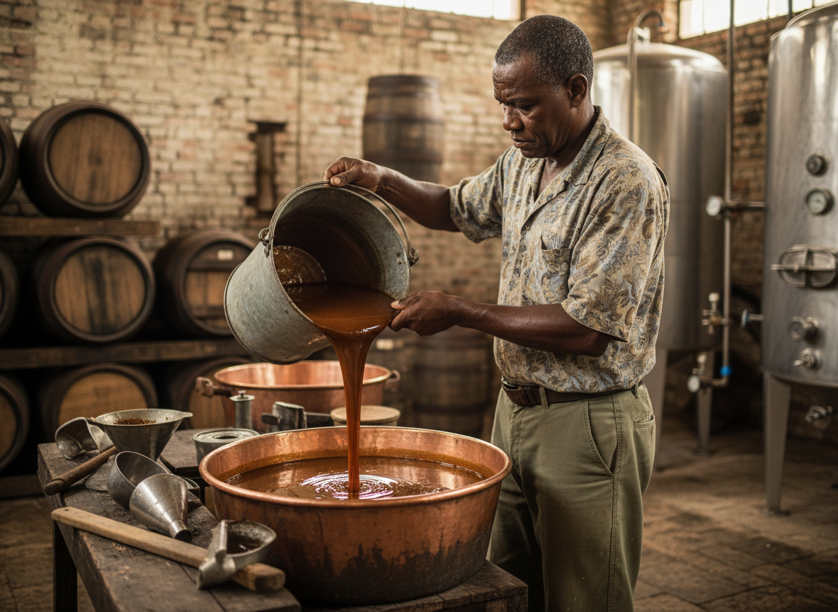 Homme caribéen versant de la mélasse dans un cuve en cuivre