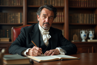 Écrivain du 19e siècle écrivant dans un bureau ancien