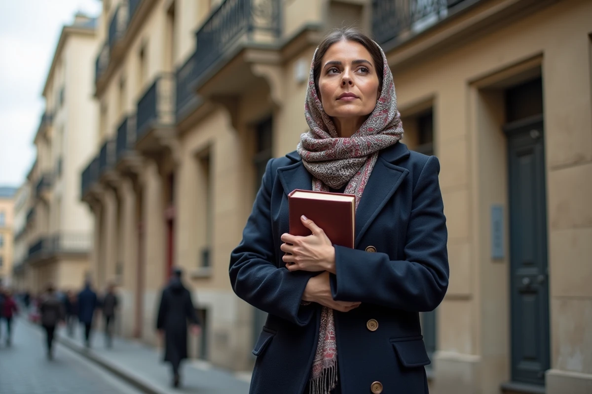 Femme écrivaine franco-marocaine devant une façade parisienne tenant un livre, portrait éditorial en extérieur urbain
