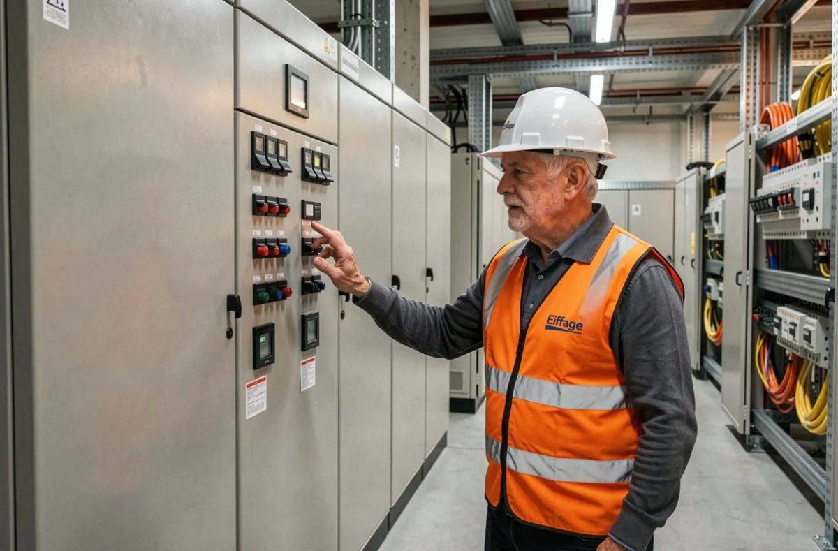 Technicien Eiffage Énergie Systèmes devant un tableau électrique industriel en Île-de-France