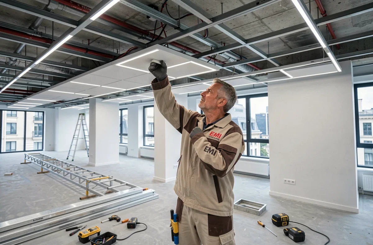 Technicien EMI Tertiaire installant des luminaires LED dans un espace de bureaux commercial en région parisienne
