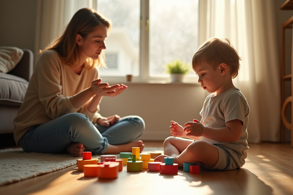 Enfant jouant avec des blocs en bois dans le salon avec un parent