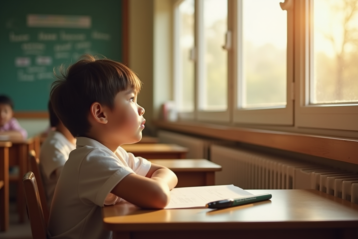 Jeune enfant assis à une table d'école regardant par la fenêtre