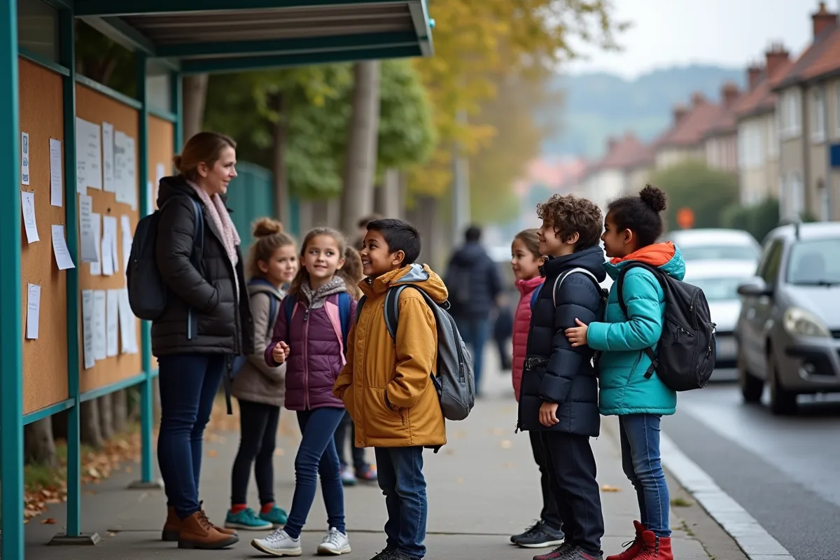 Enfants d ecole attendant le bus dans la rue
