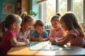 Enfants d'école primaire jouant à un jeu éducatif avec un professeur