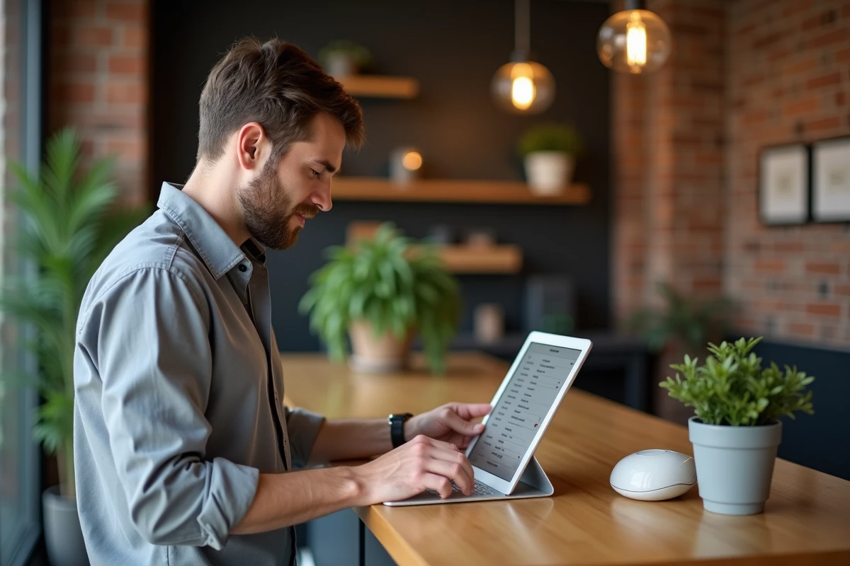 Entrepreneur consultant vérifiant sa messagerie vocale sur un téléphone fixe au comptoir de son bureau, sécurisant les messages de ses clients professionnels