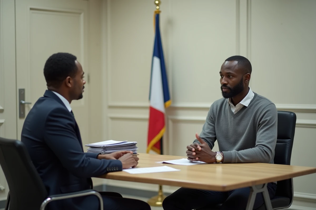 Homme passant son entretien de naturalisation française face à un agent administratif dans un bureau officiel