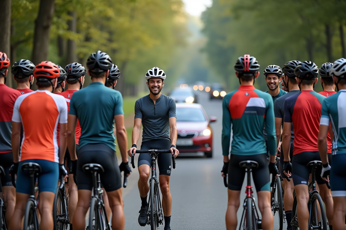 Groupe de cyclistes discutant en cercle sur route de campagne