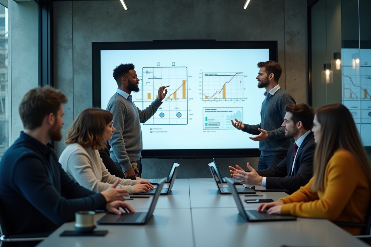 Groupe de trois personnes discutant autour d’un tableau digital en réunion fintech
