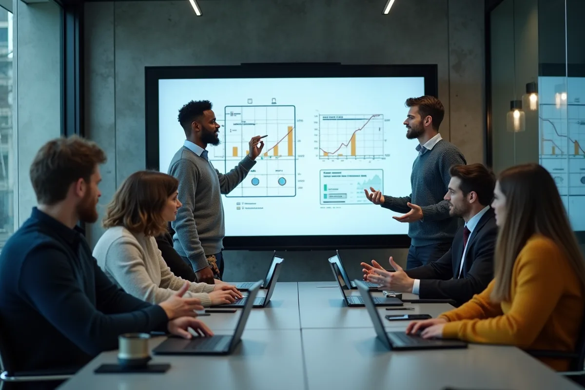 Groupe de trois personnes discutant autour d’un tableau digital en réunion fintech