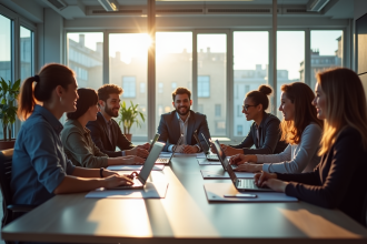 Equipe SEO diverse en réunion dans un bureau lumineux à Rennes