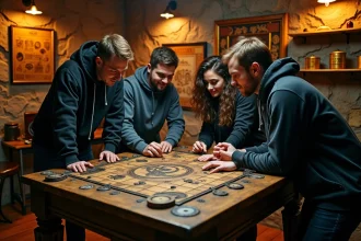 Groupe d'amis résolvant des énigmes dans une salle d'escape game immersive à Lyon avec décor vintage et mystérieux