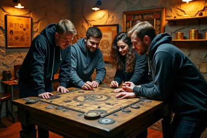 Groupe d'amis résolvant des énigmes dans une salle d'escape game immersive à Lyon avec décor vintage et mystérieux