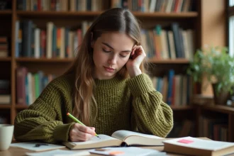 Jeune femme étudiant les figures de style dans des livres annotés, assise dans une bibliothèque chaleureuse