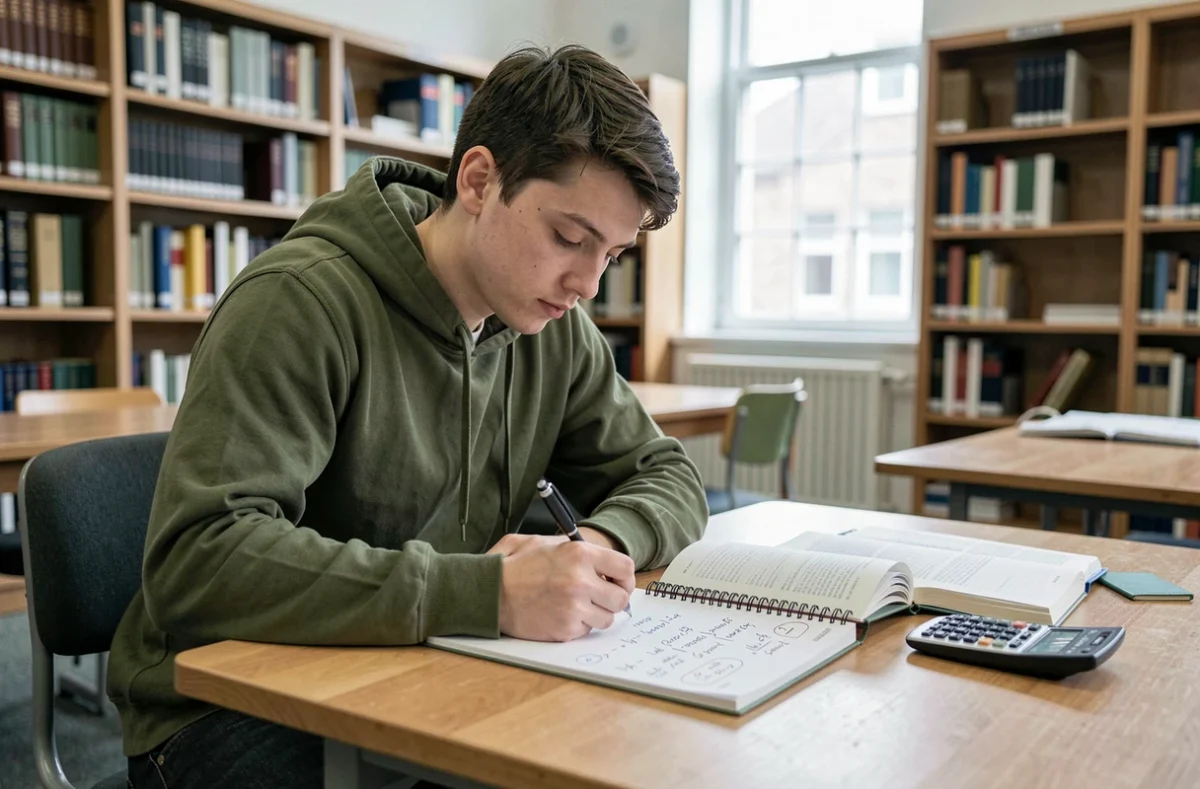 Étudiant calculant des conversions litres en m3 dans un carnet de notes à la bibliothèque universitaire