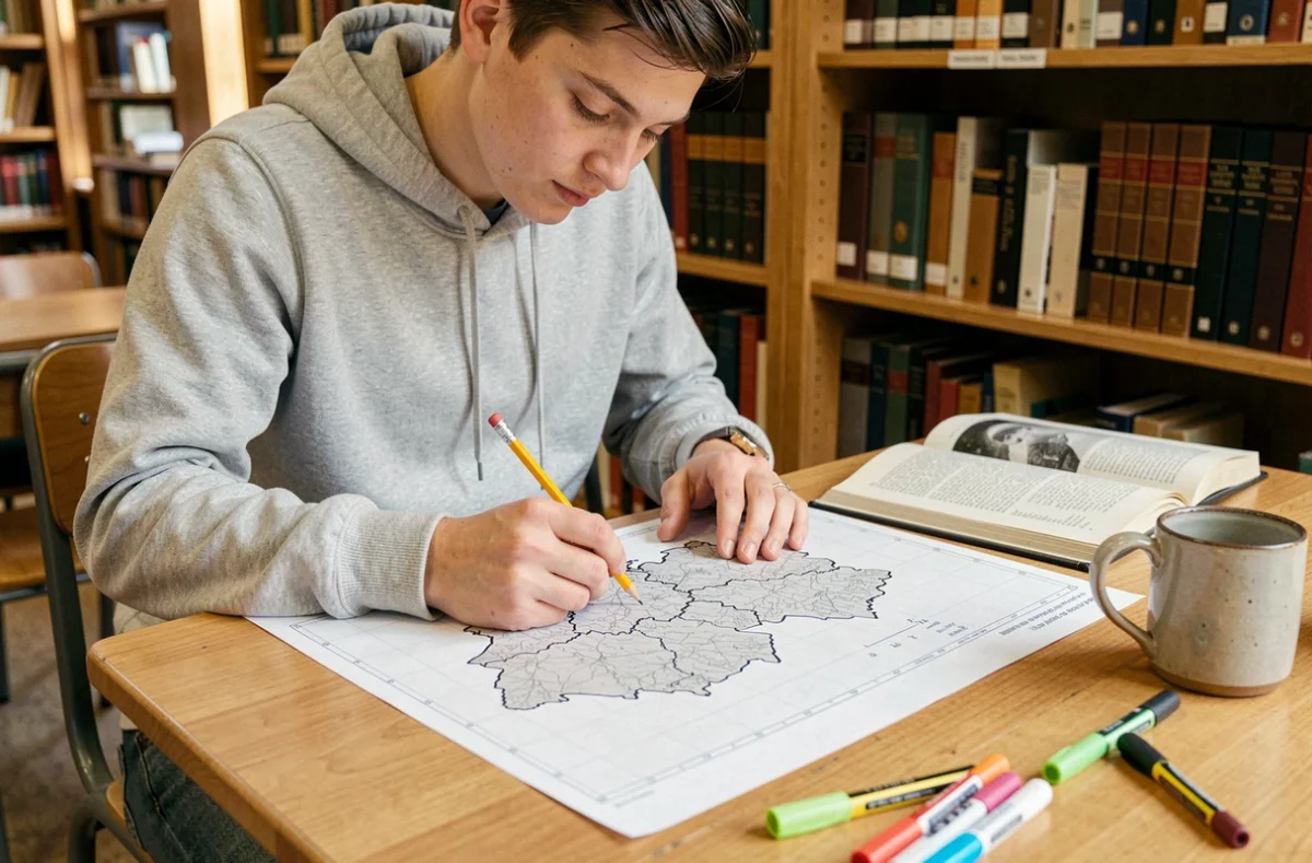 Étudiant complétant une carte vierge des Länder d'Allemagne à imprimer sur son bureau de bibliothèque