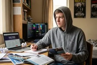 Jeune homme hésitant entre passion du jeu vidéo et choix d'études en game design, entouré de brochures universitaires sur son bureau