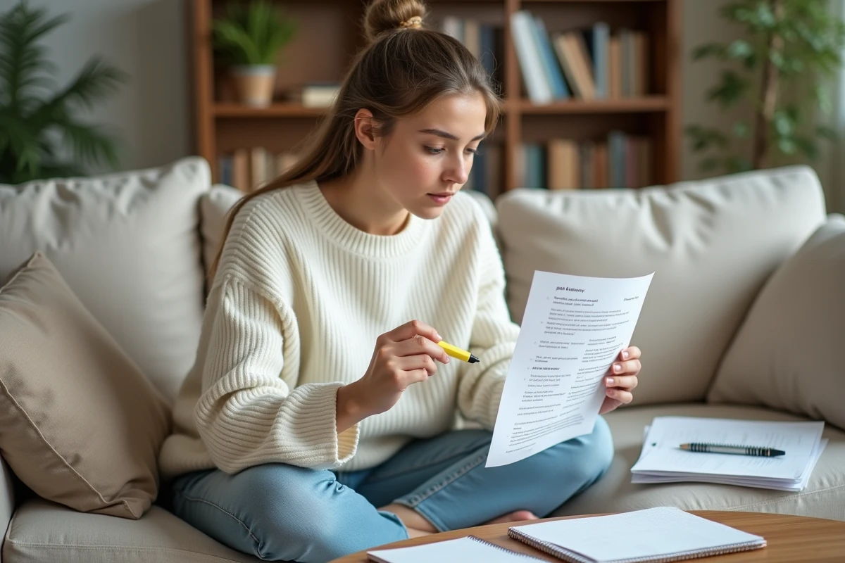 Jeune étudiante surlignant la règle orthographique elle a mis sur une fiche mémo de français pour le Bac