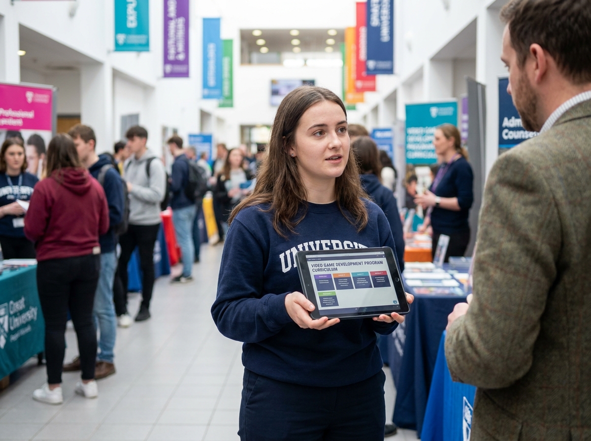 Jeune étudiante en journée portes ouvertes d'université discutant des formations en développement de jeux vidéo avec un conseiller pédagogique