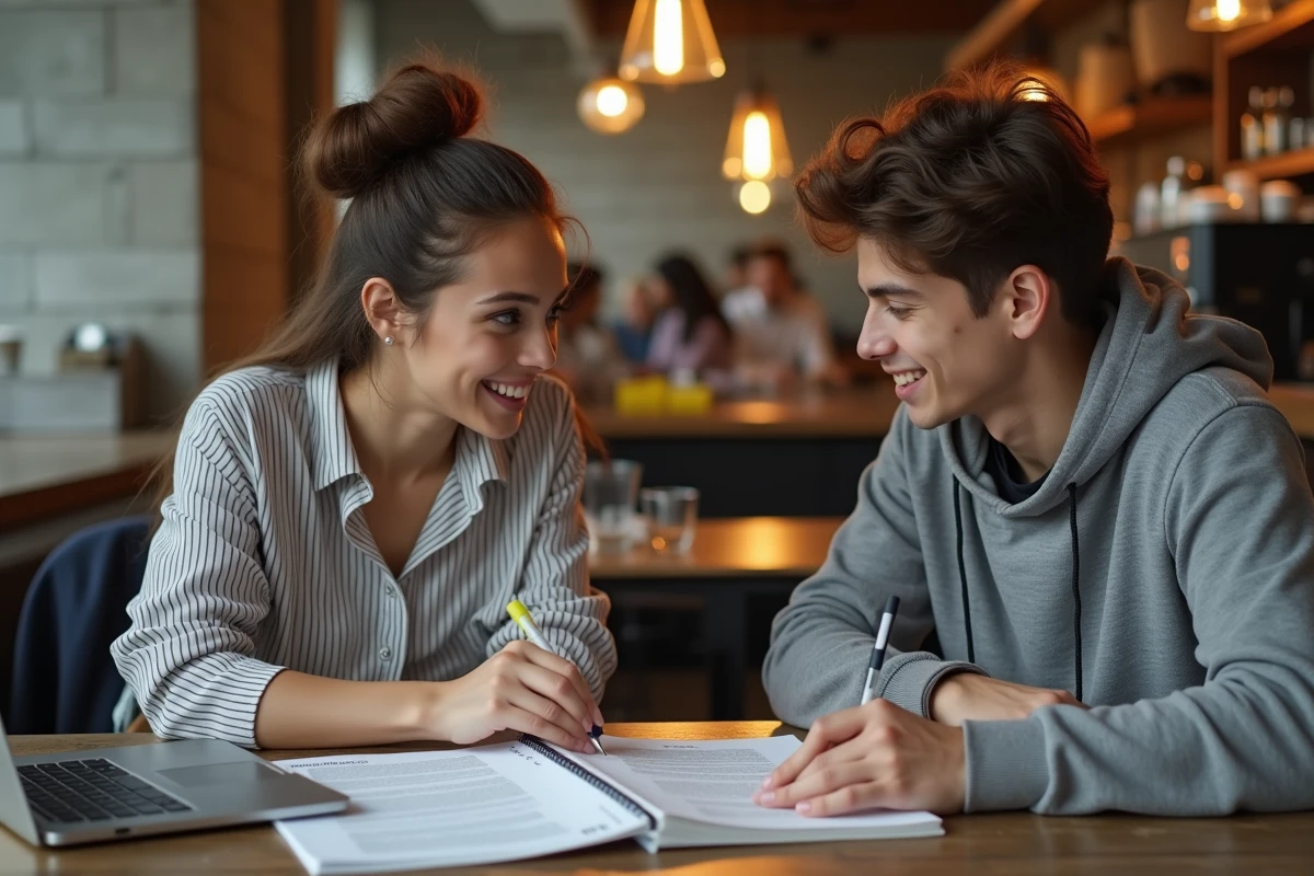Deux étudiants révisant les figures de style ensemble dans un café avec des textes annotés